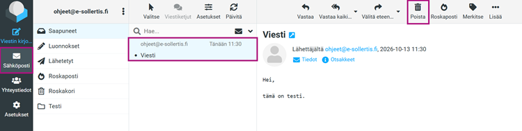Poista- painike sijaitsee avatun viestin yläpuolella.