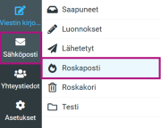 Roskapostikansio sijaitsee muiden kansioiden kanssa Sähköposti- valikossa.