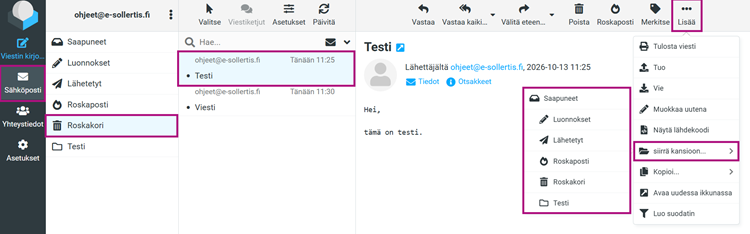 Kansiosta toiseen siirtäminen löytyy yläosan Lisää- valikosta.
