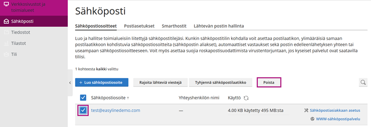 Valittu sähköpostiosoite poistetaan Poista- painikkeella.