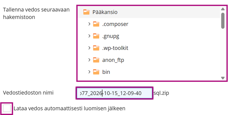 Vedoksen tallentamisen valinnat on korostettu punertavalla kehyksellä.