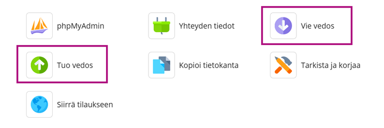 Tietokannan ja tiedostojen varmuuskopioiden hallinta tapahtuu Vie- ja Tuo vedos- painikkeiden kautta.