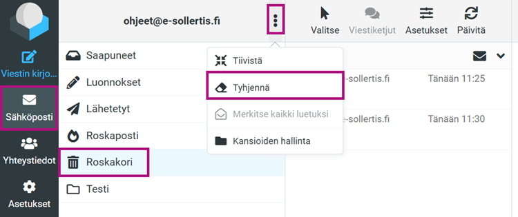 Roskakorin tyhjennys löytyy yläosan kolmesta pisteestä avautuvasta valikosta.