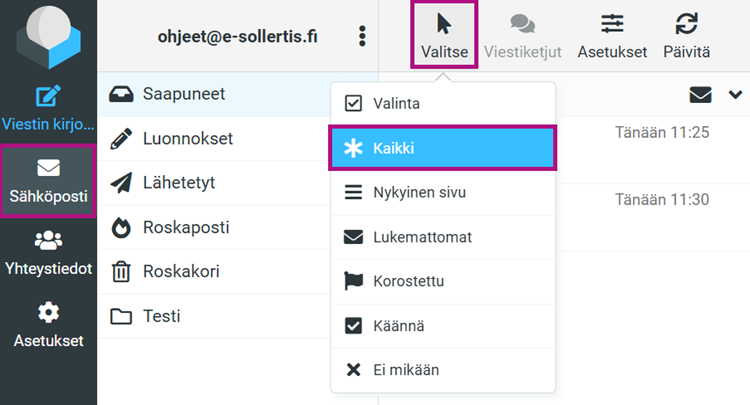 Valitse- painikkeella voi valita kaikki viestit kerralla.
