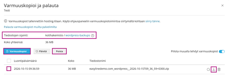 Tiedostojen sijainti sekä painikkeet varmuuskopion luomiseen, poistamiseen ja lataamiseen on korostettu punertavalla kehyksellä.