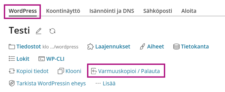 WordPress-varmuuskopiovalikko avataan Varmuuskopioi / Palauta - painikkeesta.